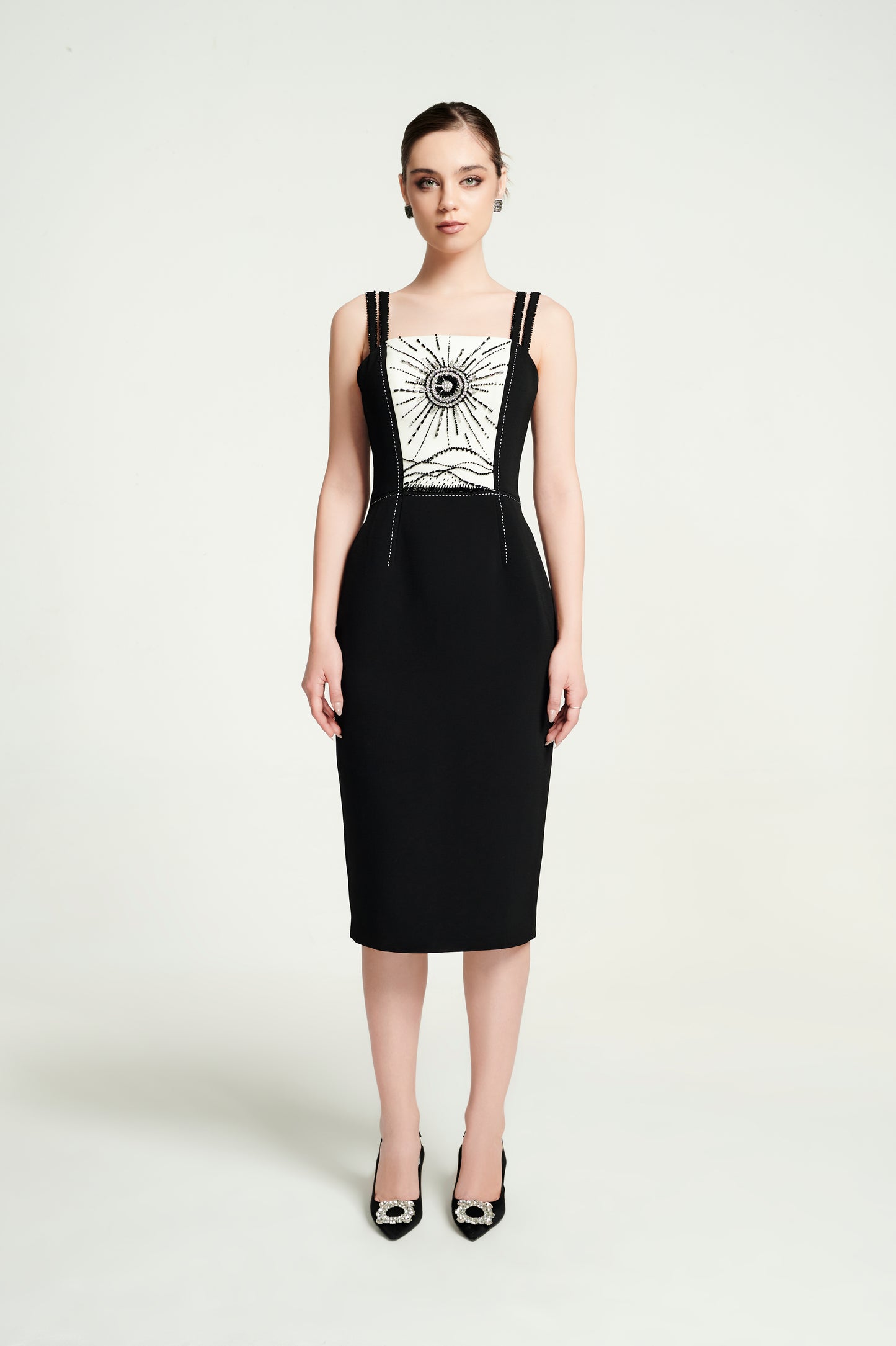 Black Midi Dress with Sunburst Embroidery