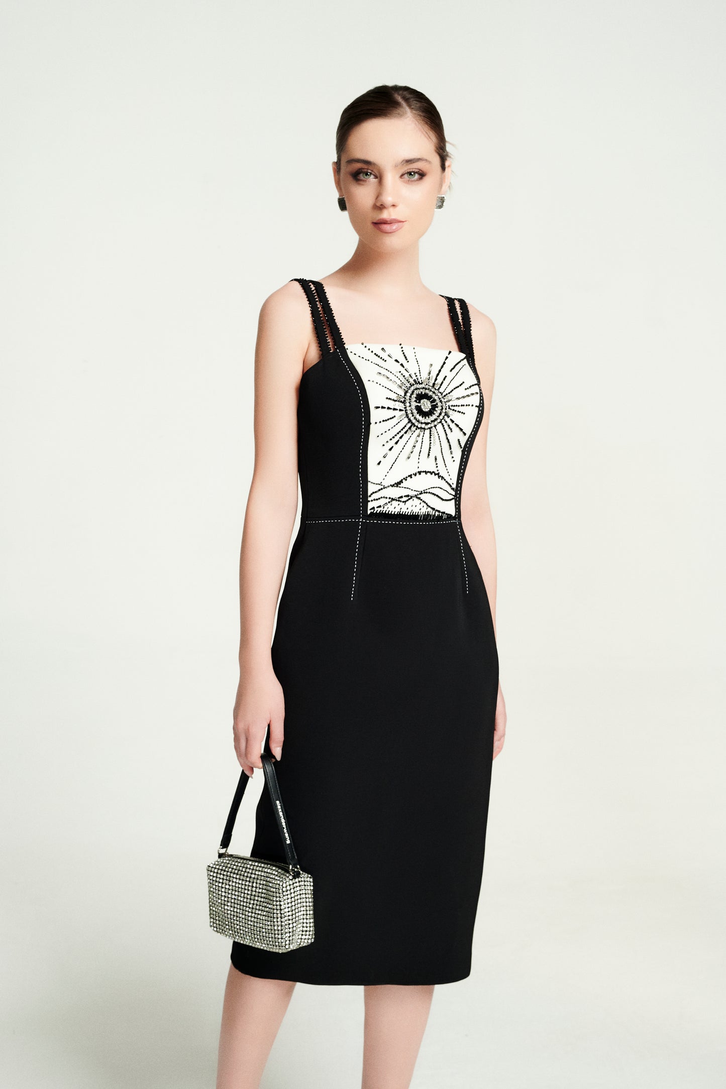 Black Midi Dress with Sunburst Embroidery