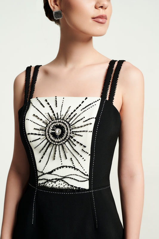 Black Midi Dress with Sunburst Embroidery
