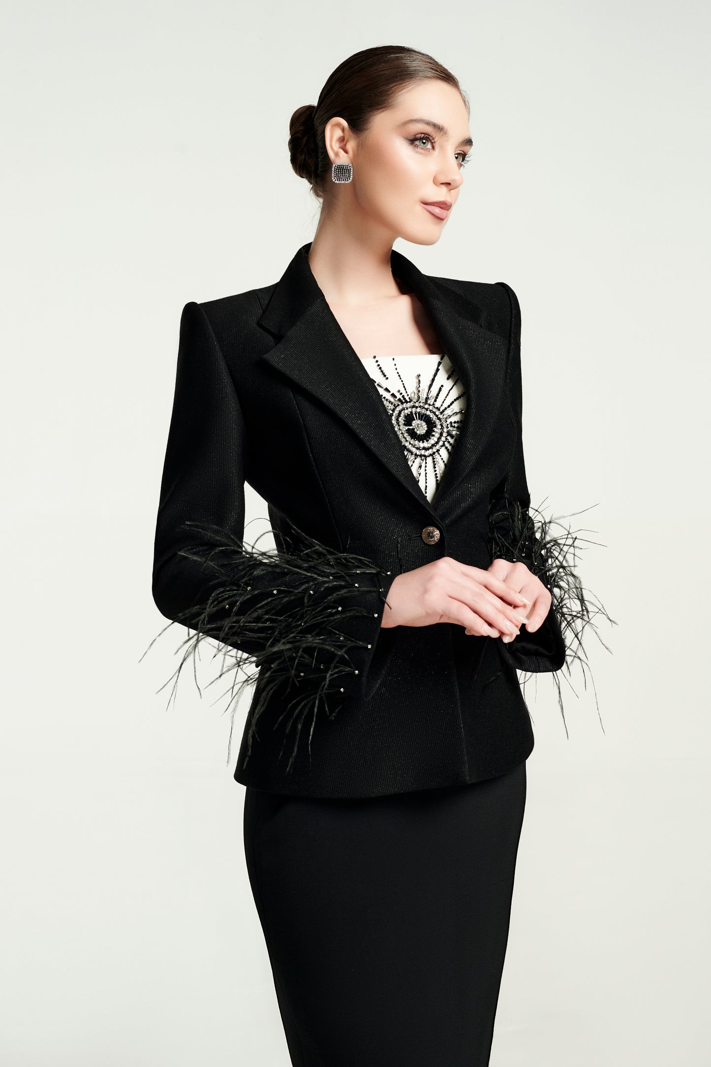 Black Feather Embellished Blazer with Embroidered Sleeves