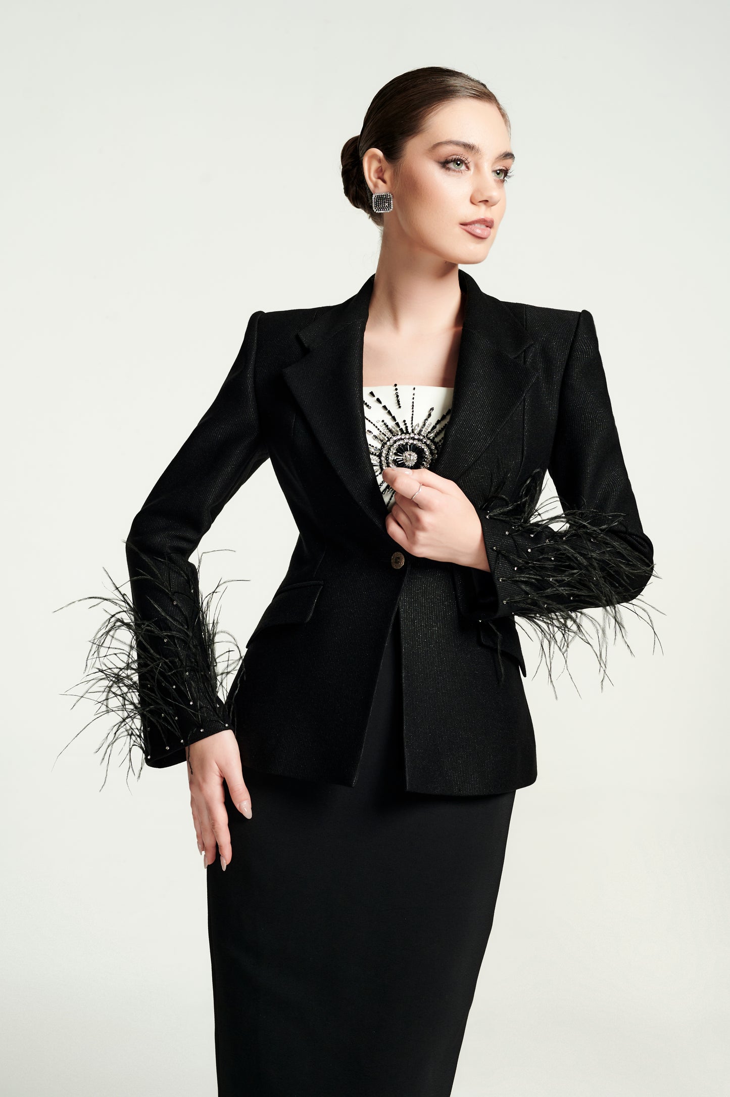 Black Feather Embellished Blazer with Embroidered Sleeves