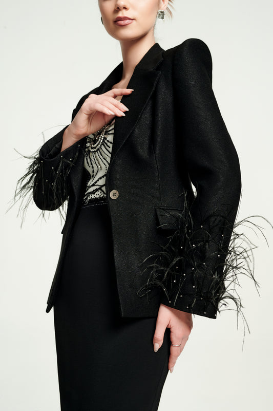 Black Feather Embellished Blazer with Embroidered Sleeves