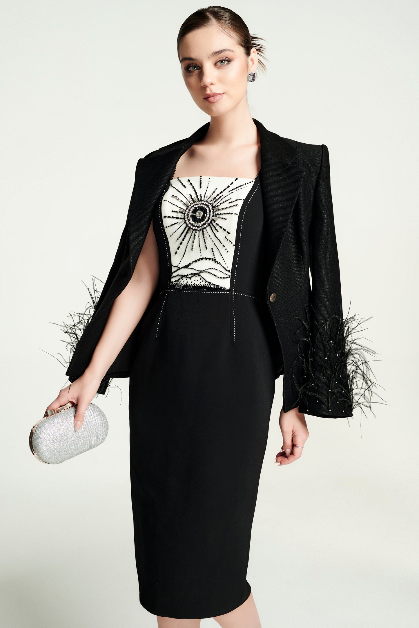 Black Feather Embellished Blazer with Embroidered Sleeves