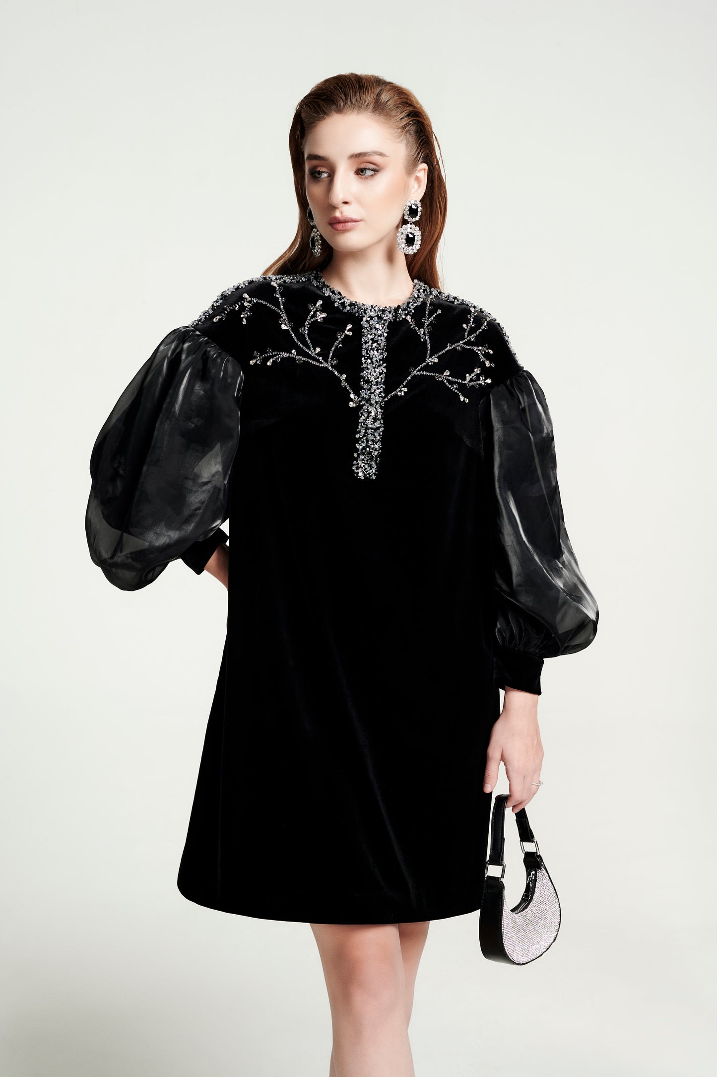 Black Velvet A-Line Dress with Sheer Puff Sleeves and Beaded Embroidery