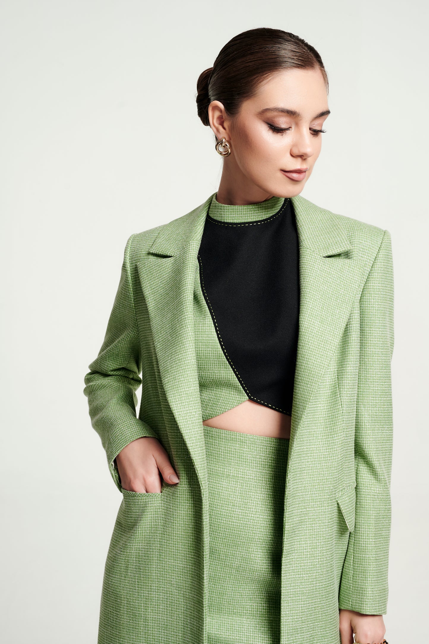 Light Green Long Coat and Pencil Skirt Set