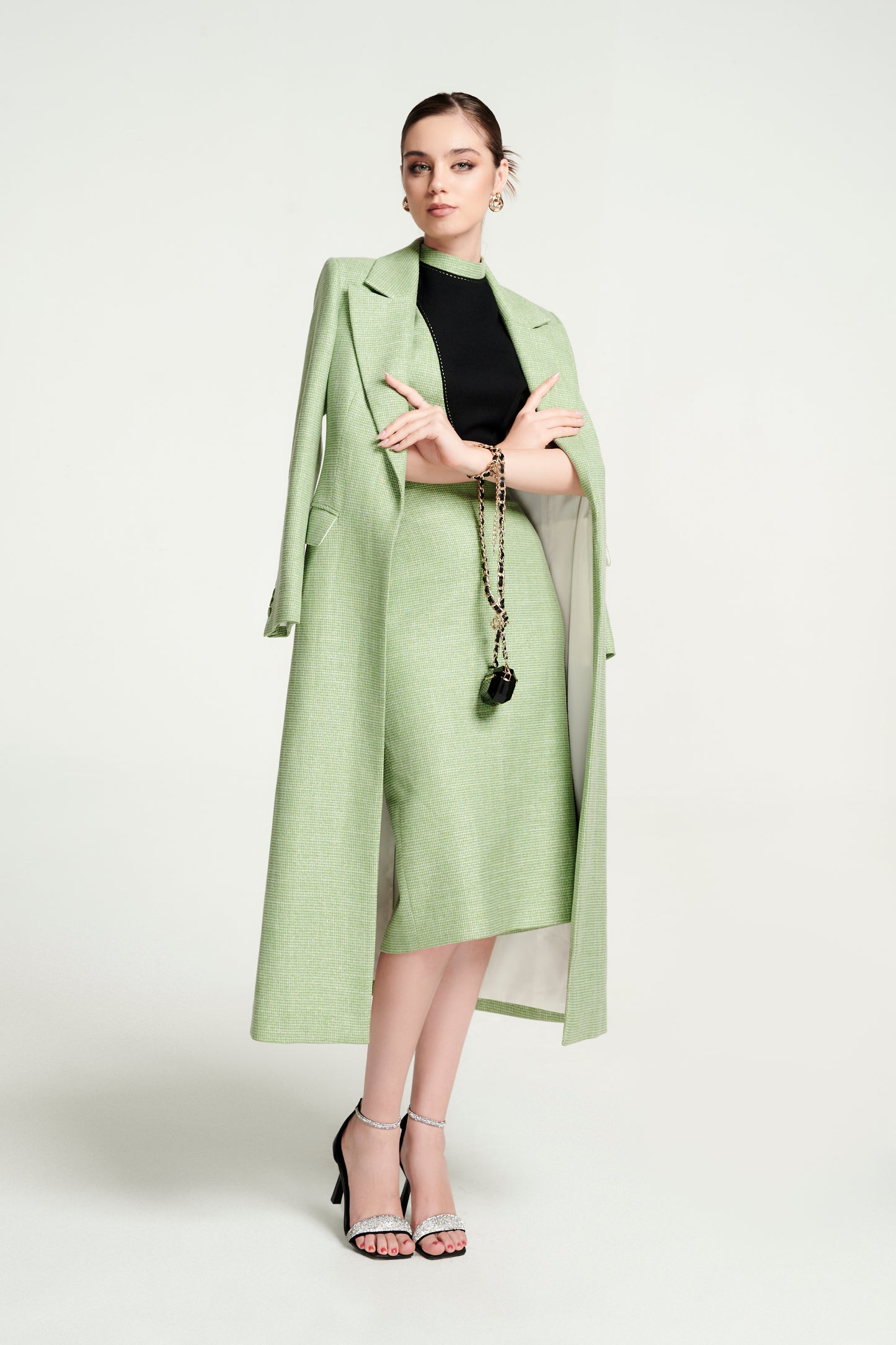 Light Green Long Coat and Pencil Skirt Set