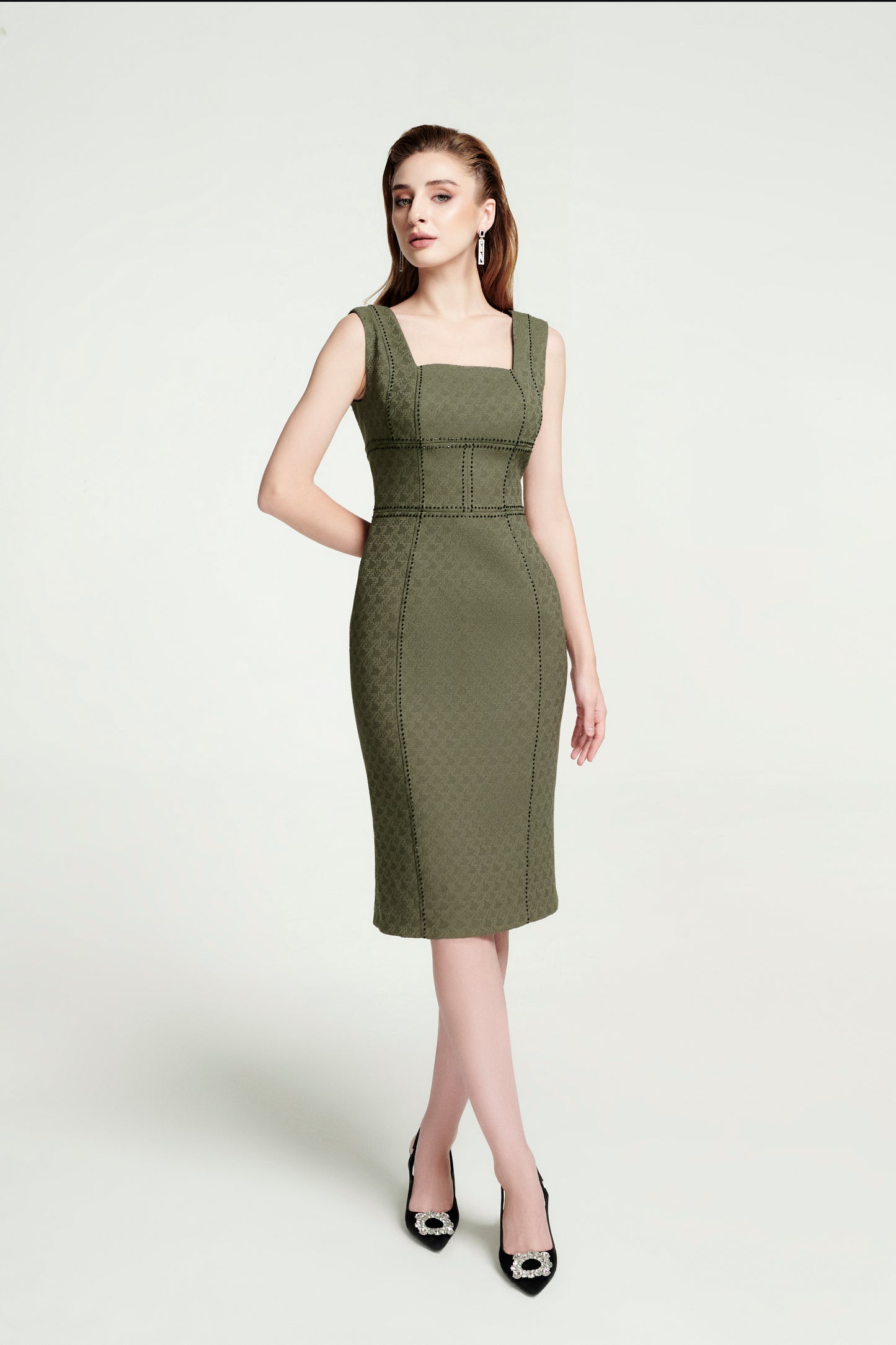 Olive Green Bodycon Midi Dress with Square Neckline