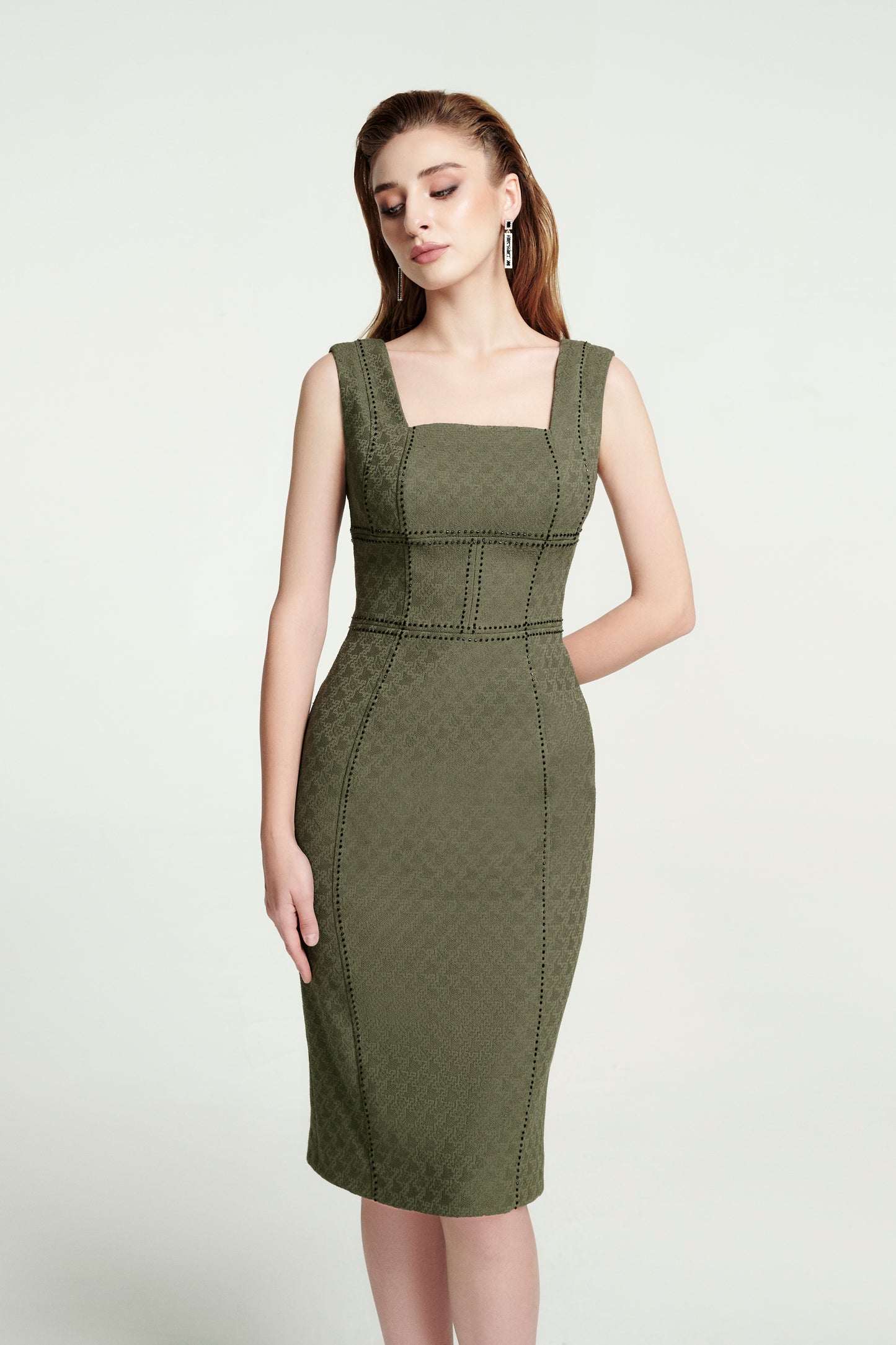 Olive Green Bodycon Midi Dress with Square Neckline
