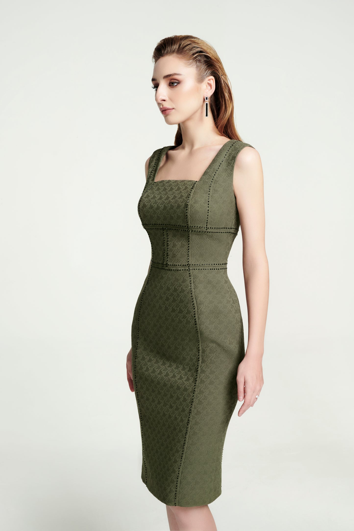 Olive Green Bodycon Midi Dress with Square Neckline