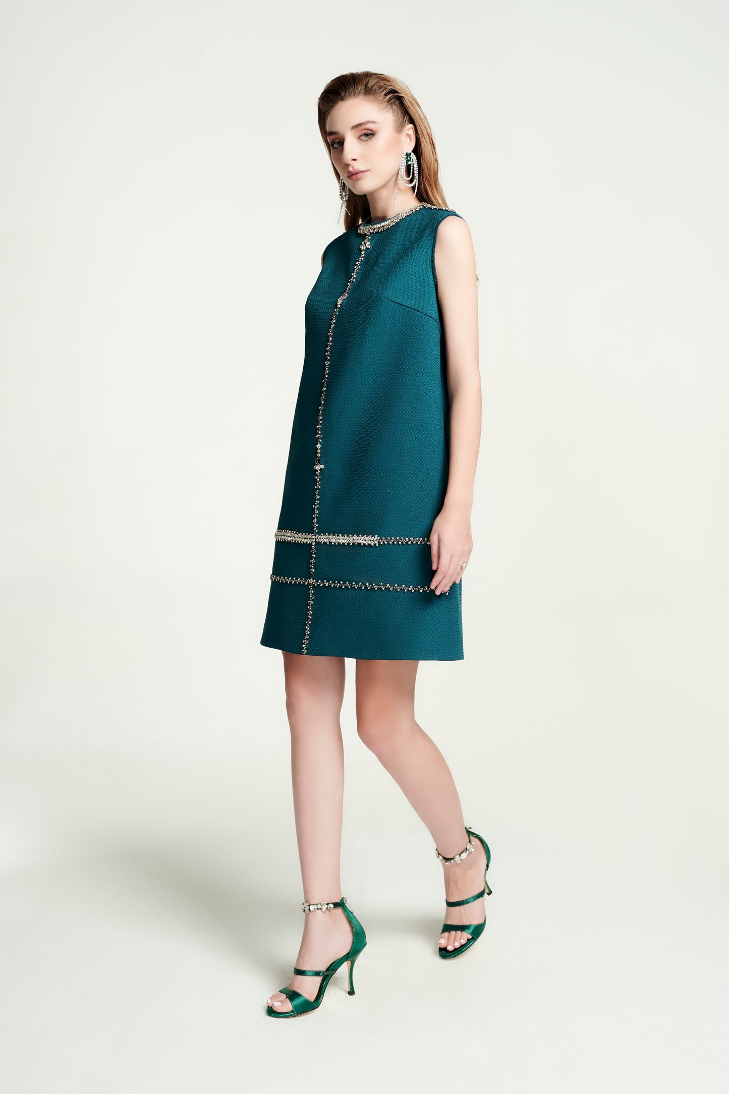 Sleeveless Teal Mini Dress with Embellished Detailing