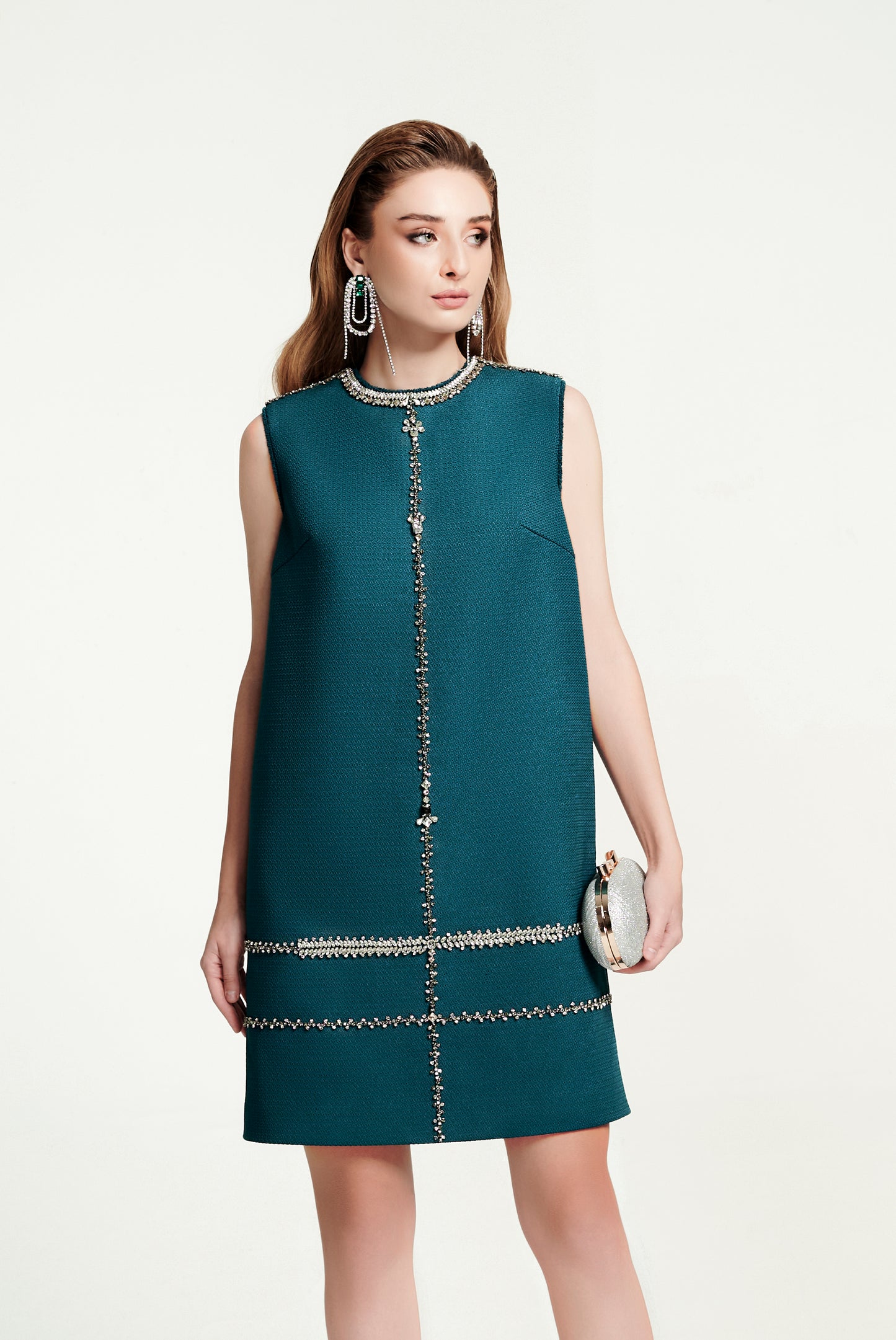 Sleeveless Teal Mini Dress with Embellished Detailing
