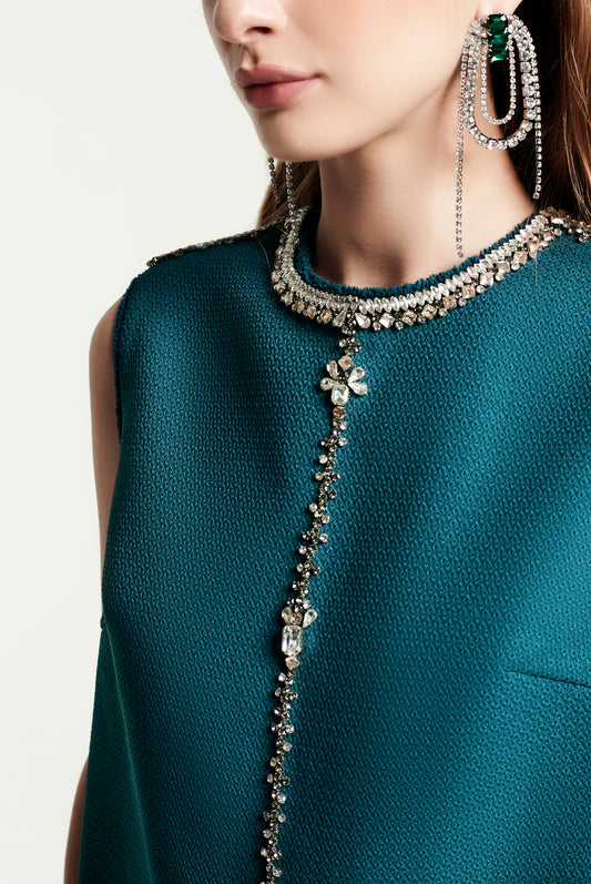 Sleeveless Teal Mini Dress with Embellished Detailing