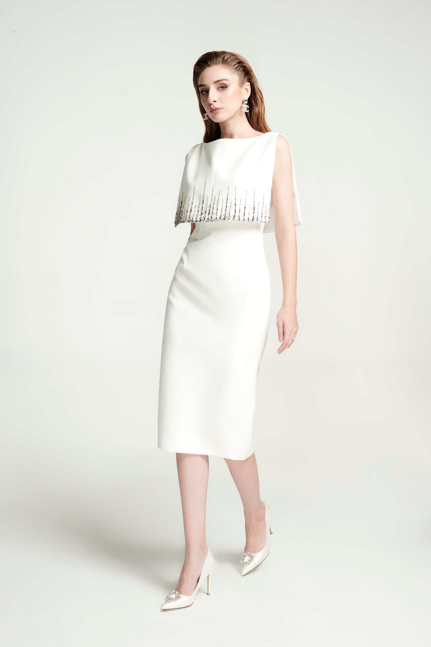 White Midi Bodycon Dress with Beaded Fringe Cape Overlay