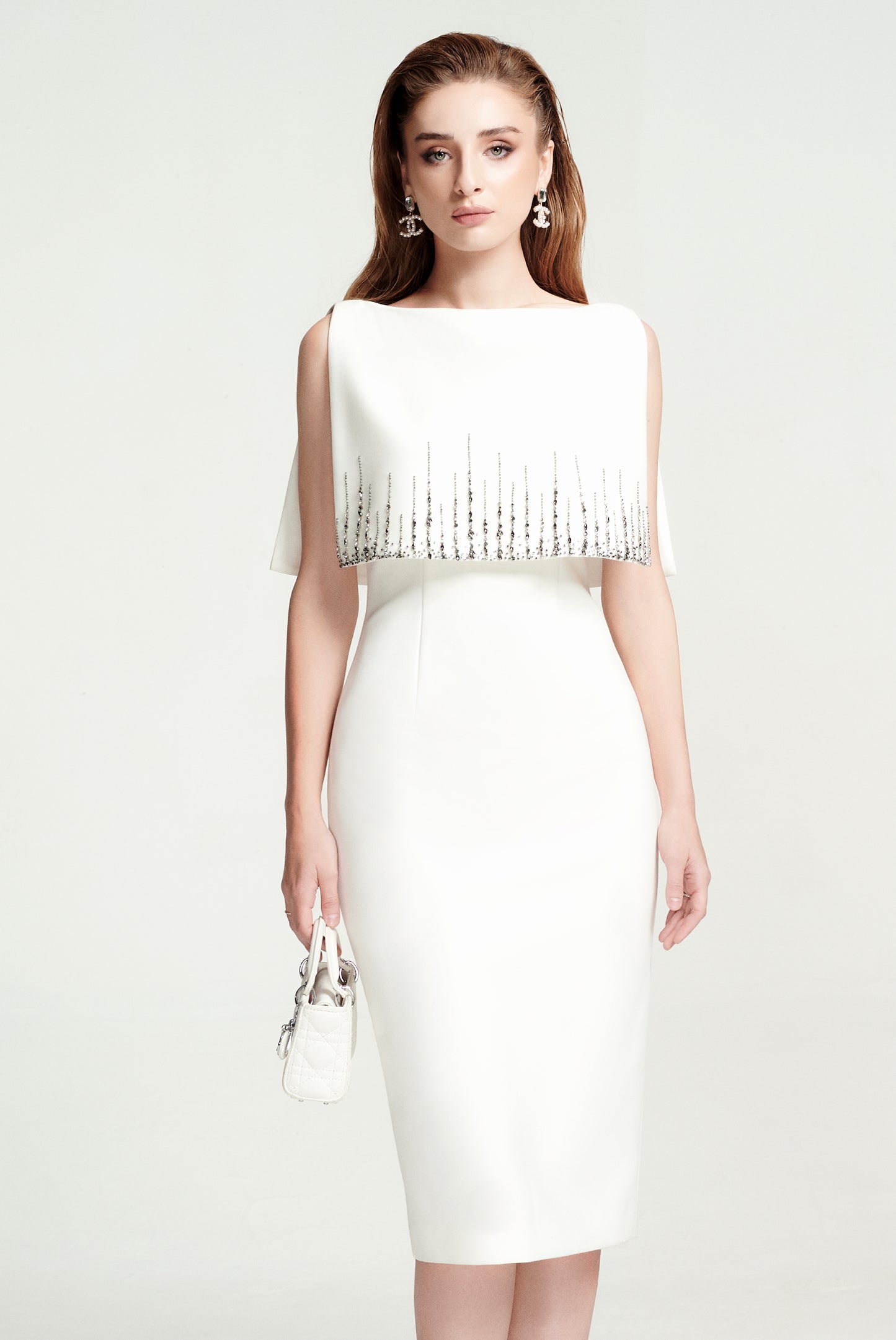 White Midi Bodycon Dress with Beaded Fringe Cape Overlay