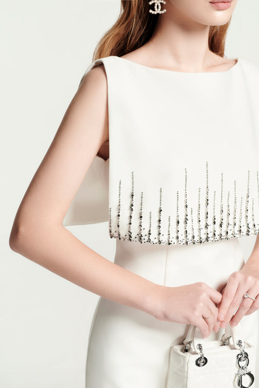 White Midi Bodycon Dress with Beaded Fringe Cape Overlay