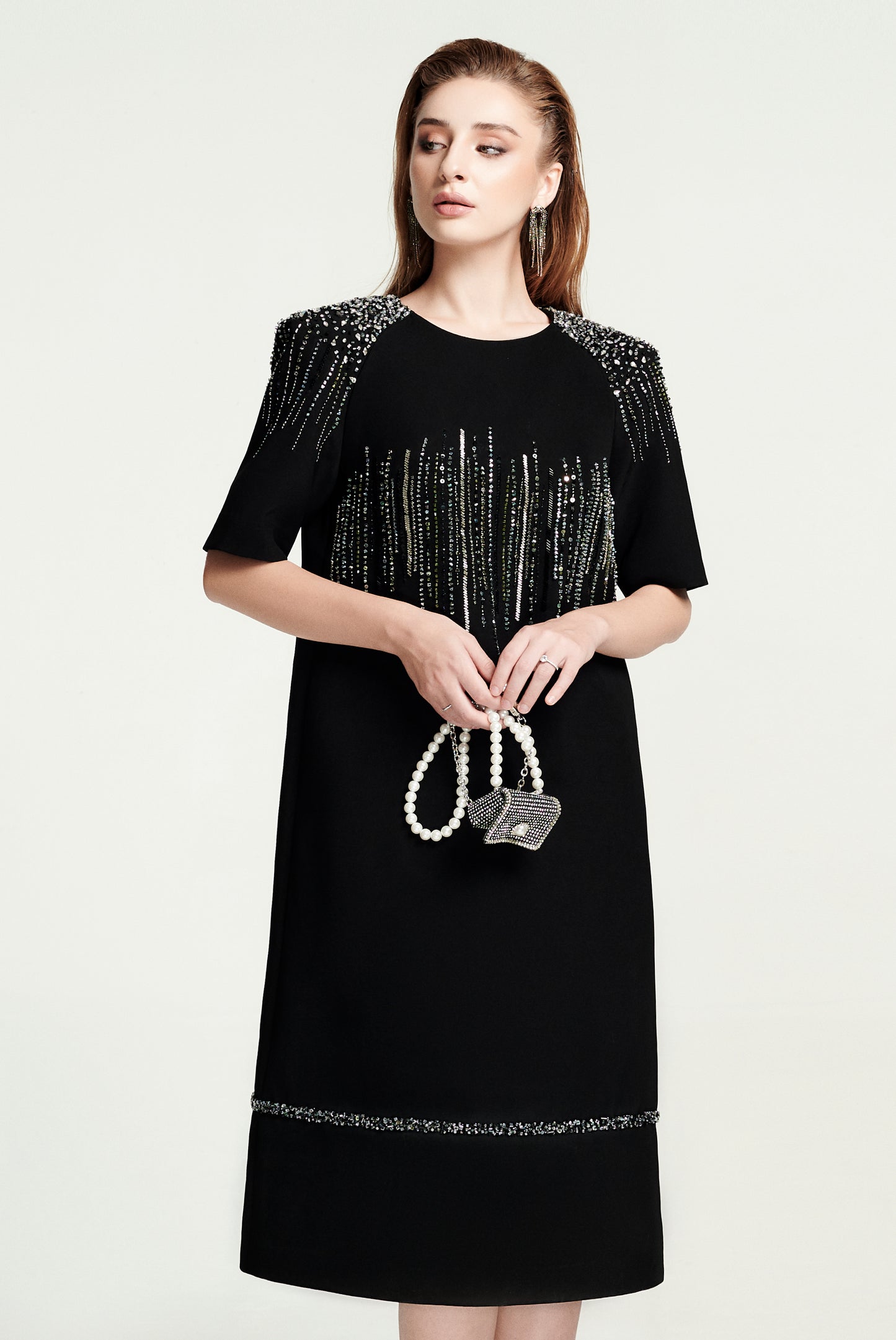 Black Midi Dress with Embellished Shoulders and Crystal Detailing