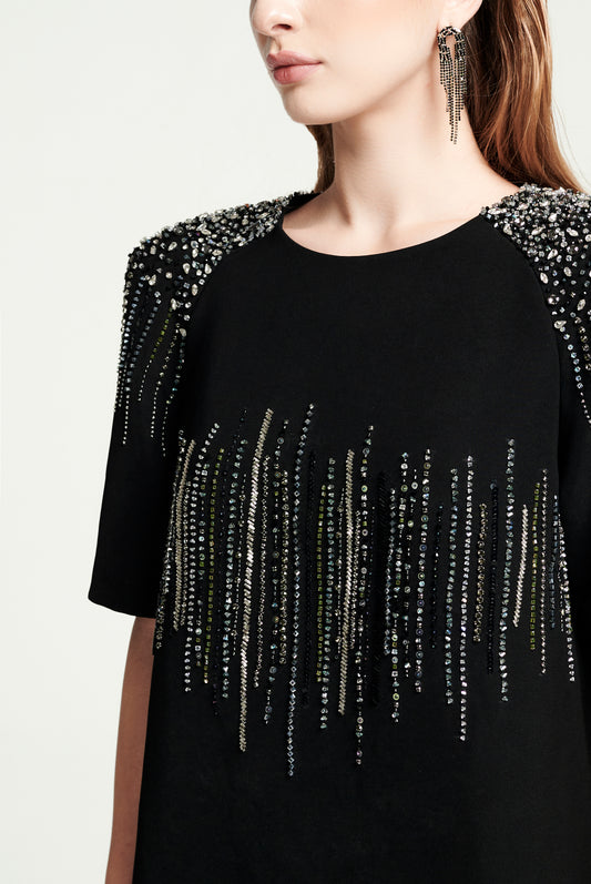 Black Midi Dress with Embellished Shoulders and Crystal Detailing