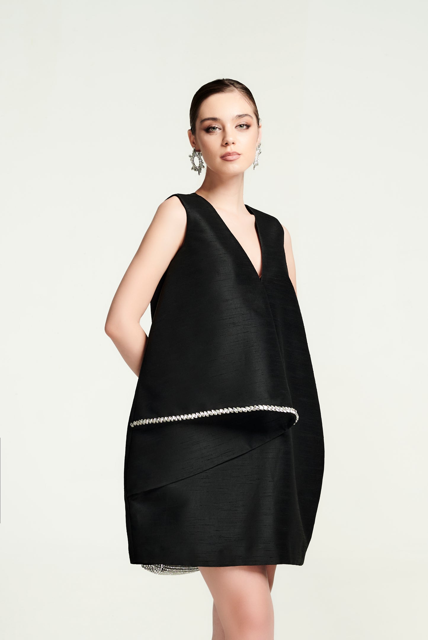 Black Asymmetrical Wrap Mini Dress with Crystal Trim