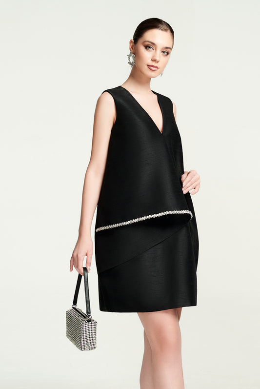 Black Asymmetrical Wrap Mini Dress with Crystal Trim