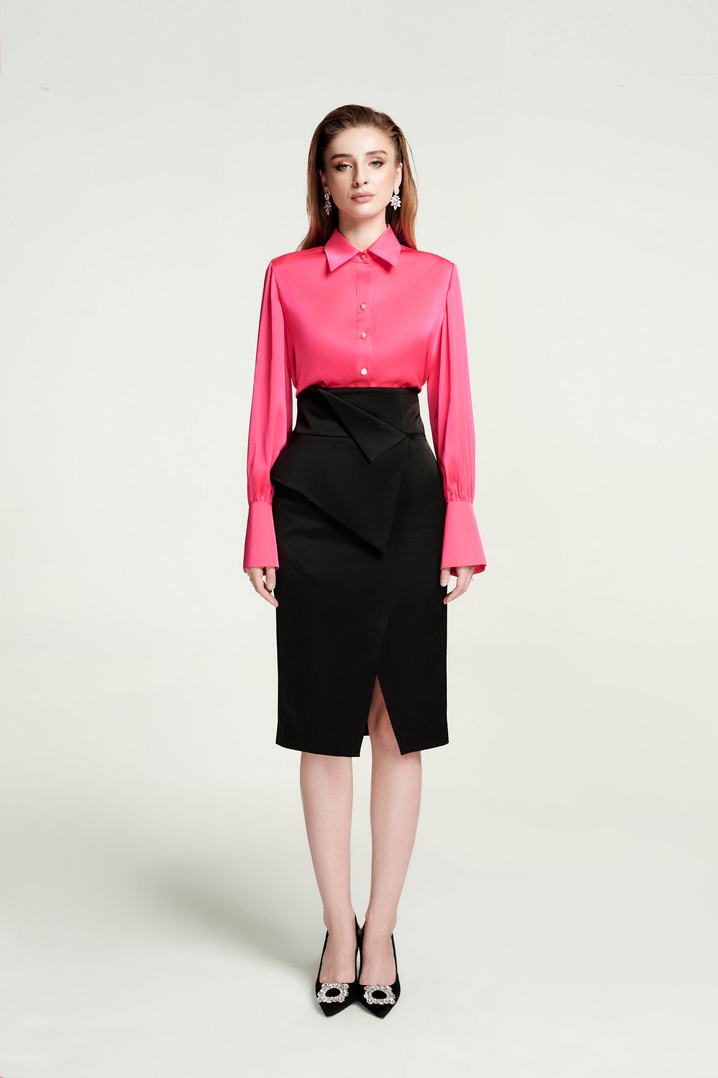 Hot Pink Silk Blouse with High-Waist Black Wrap Skirt