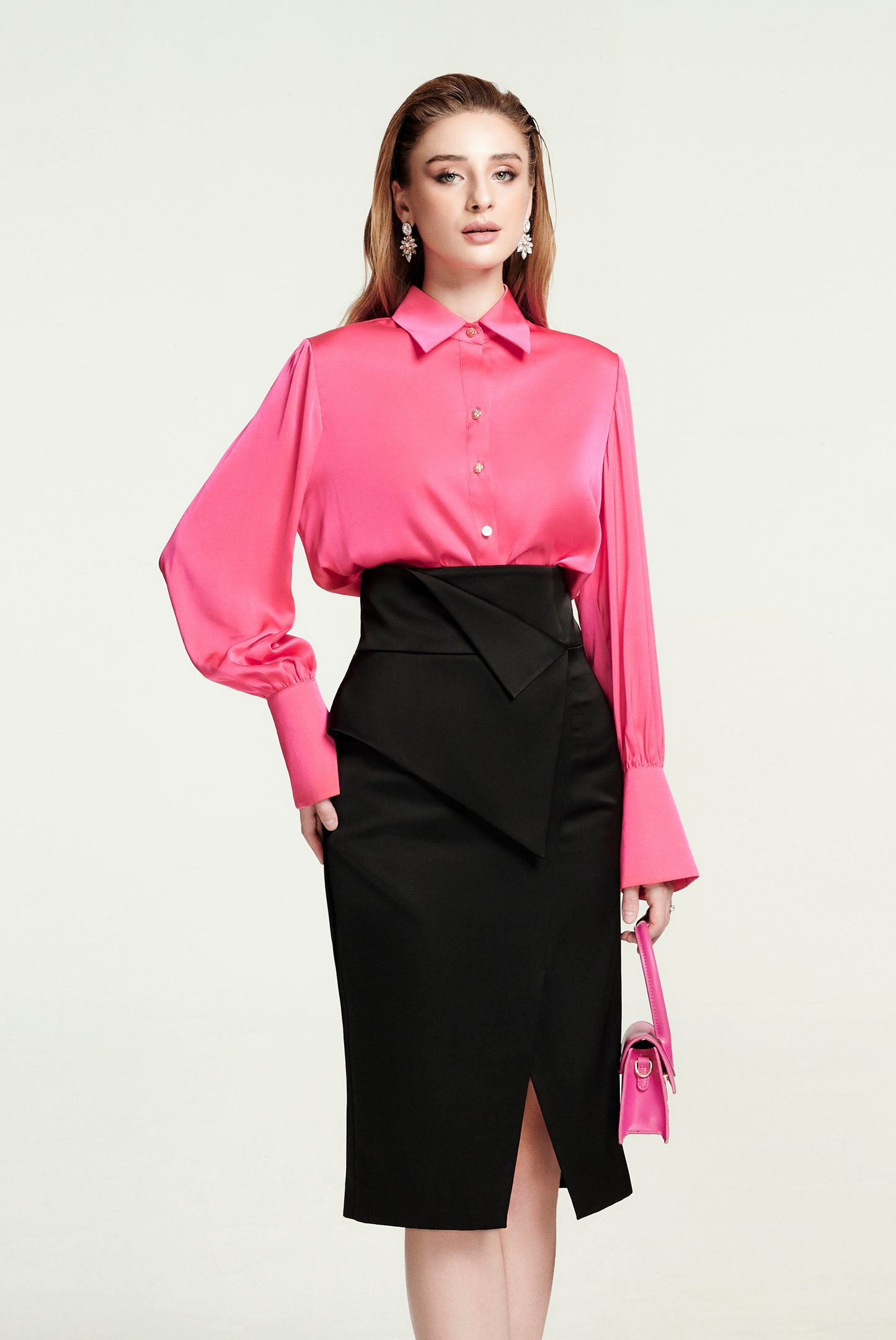 Hot Pink Silk Blouse with High-Waist Black Wrap Skirt