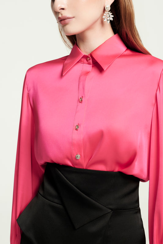 Hot Pink Silk Blouse with High-Waist Black Wrap Skirt