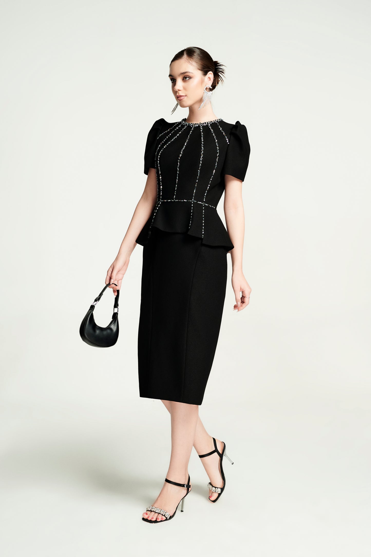 Black Peplum Midi Dress with Rhinestone Embellishments