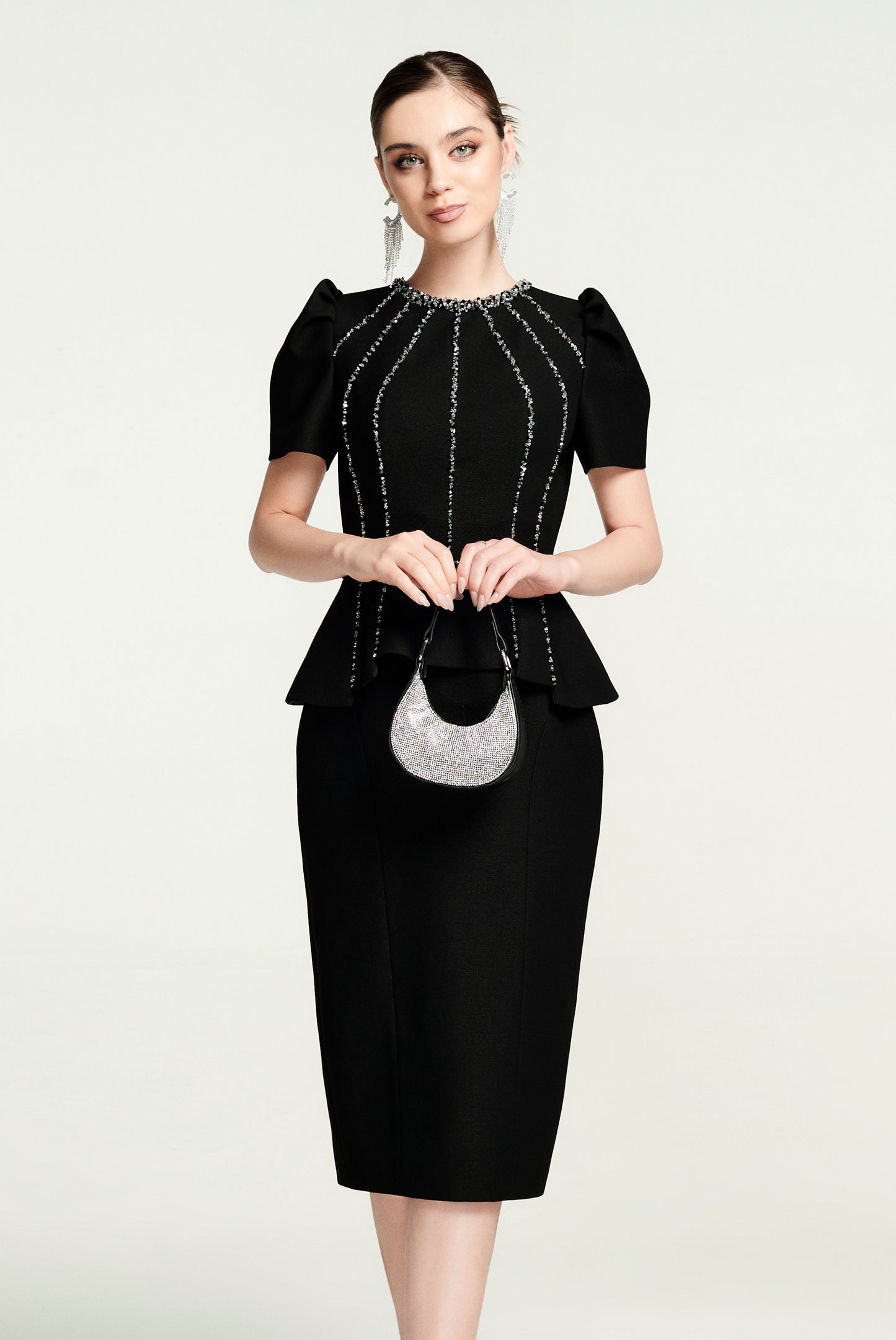 Black Peplum Midi Dress with Rhinestone Embellishments
