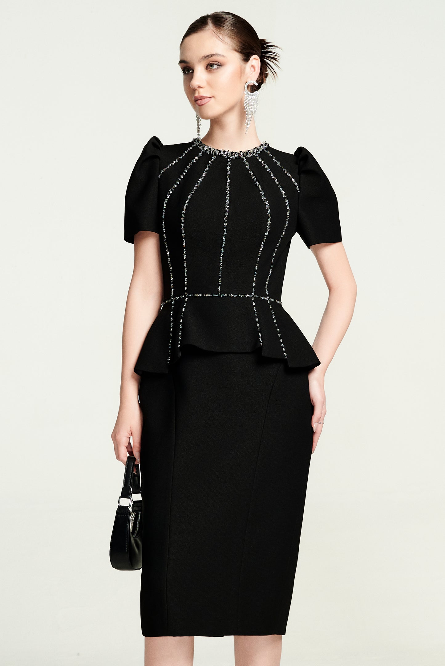 Black Peplum Midi Dress with Rhinestone Embellishments
