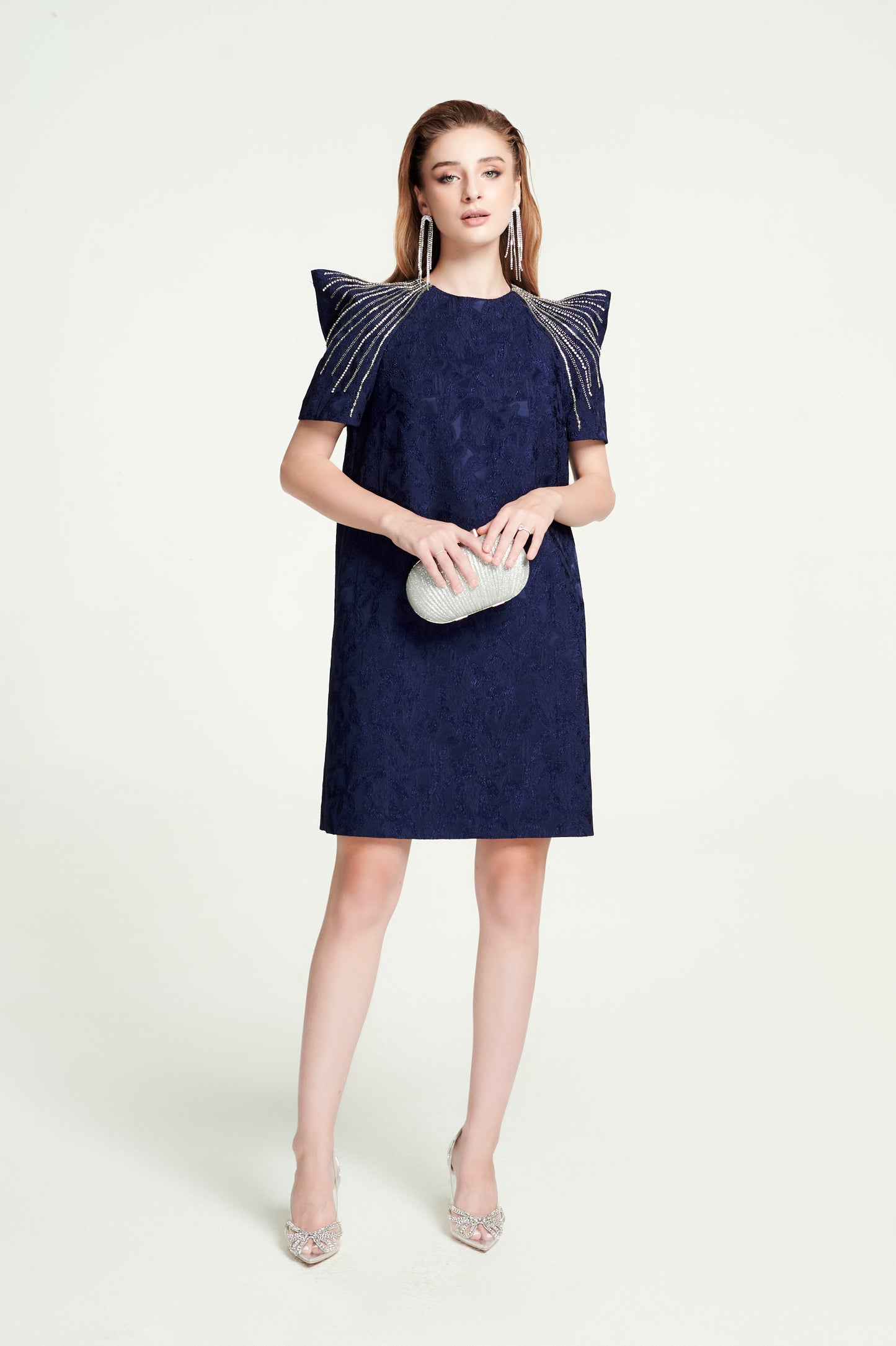 Navy Jacquard Mini Dress with Statement Embellished Shoulders