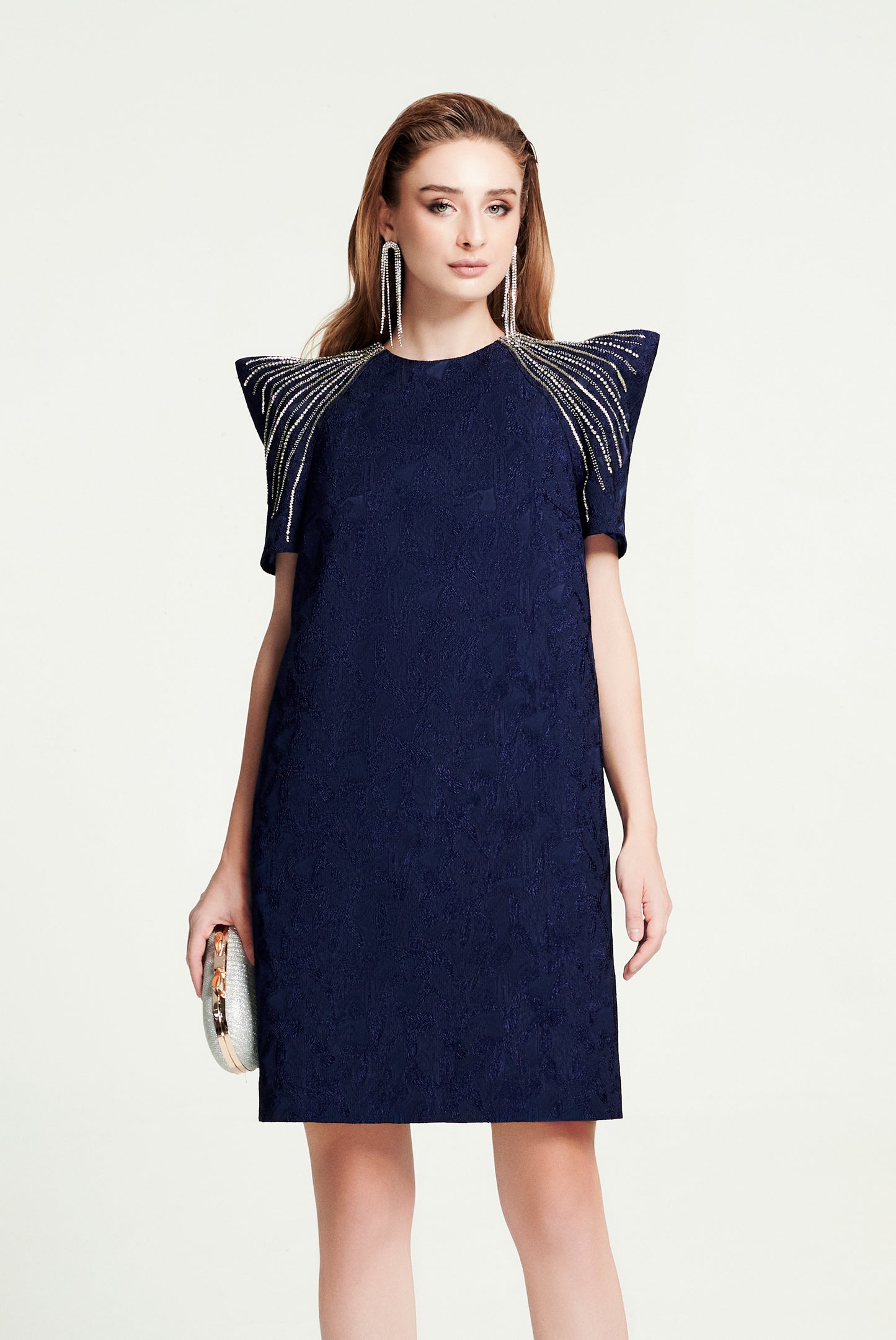Navy Jacquard Mini Dress with Statement Embellished Shoulders