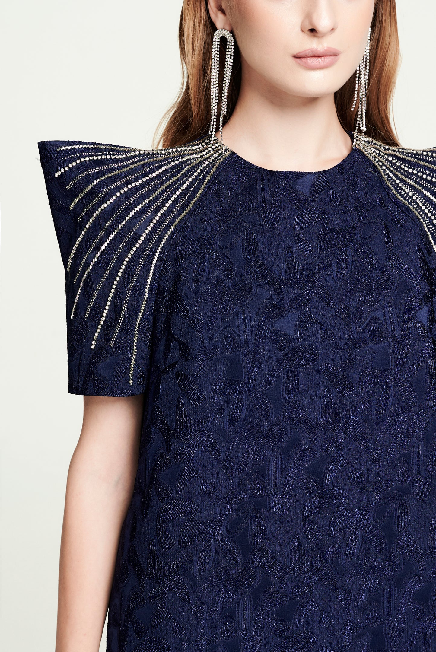 Navy Jacquard Mini Dress with Statement Embellished Shoulders