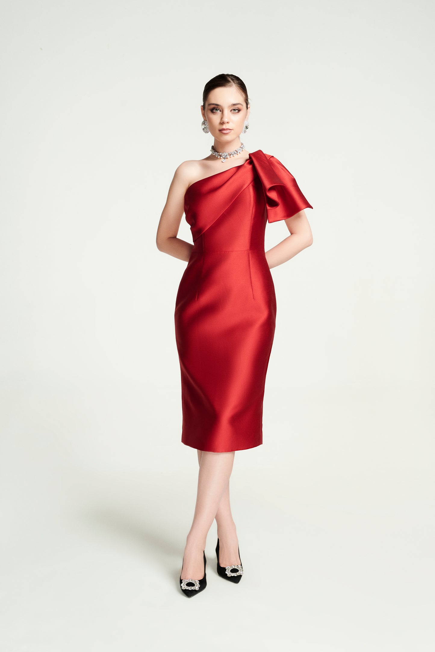 Red One-Shoulder Satin Midi Dress with Statement Bow