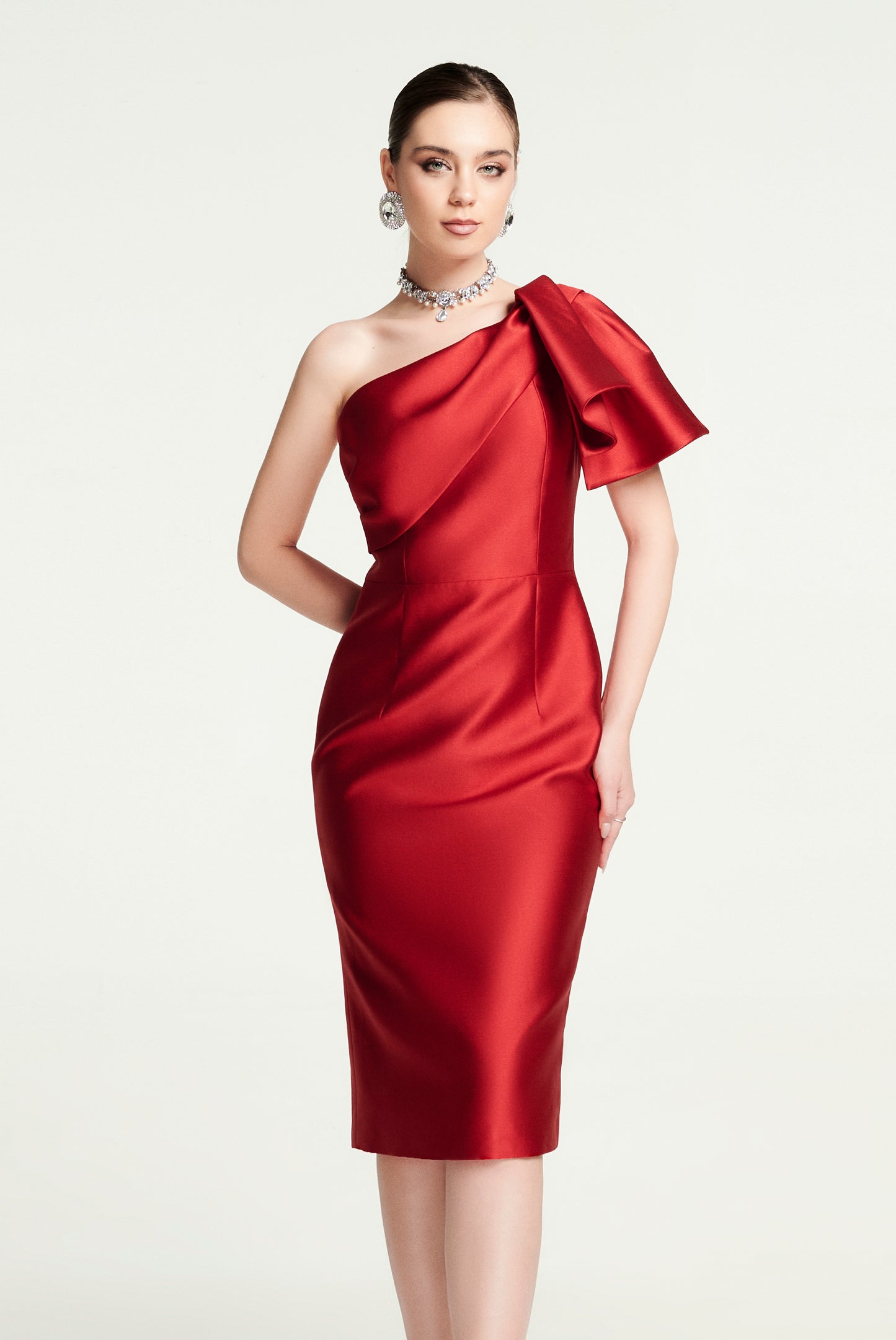 Red One-Shoulder Satin Midi Dress with Statement Bow