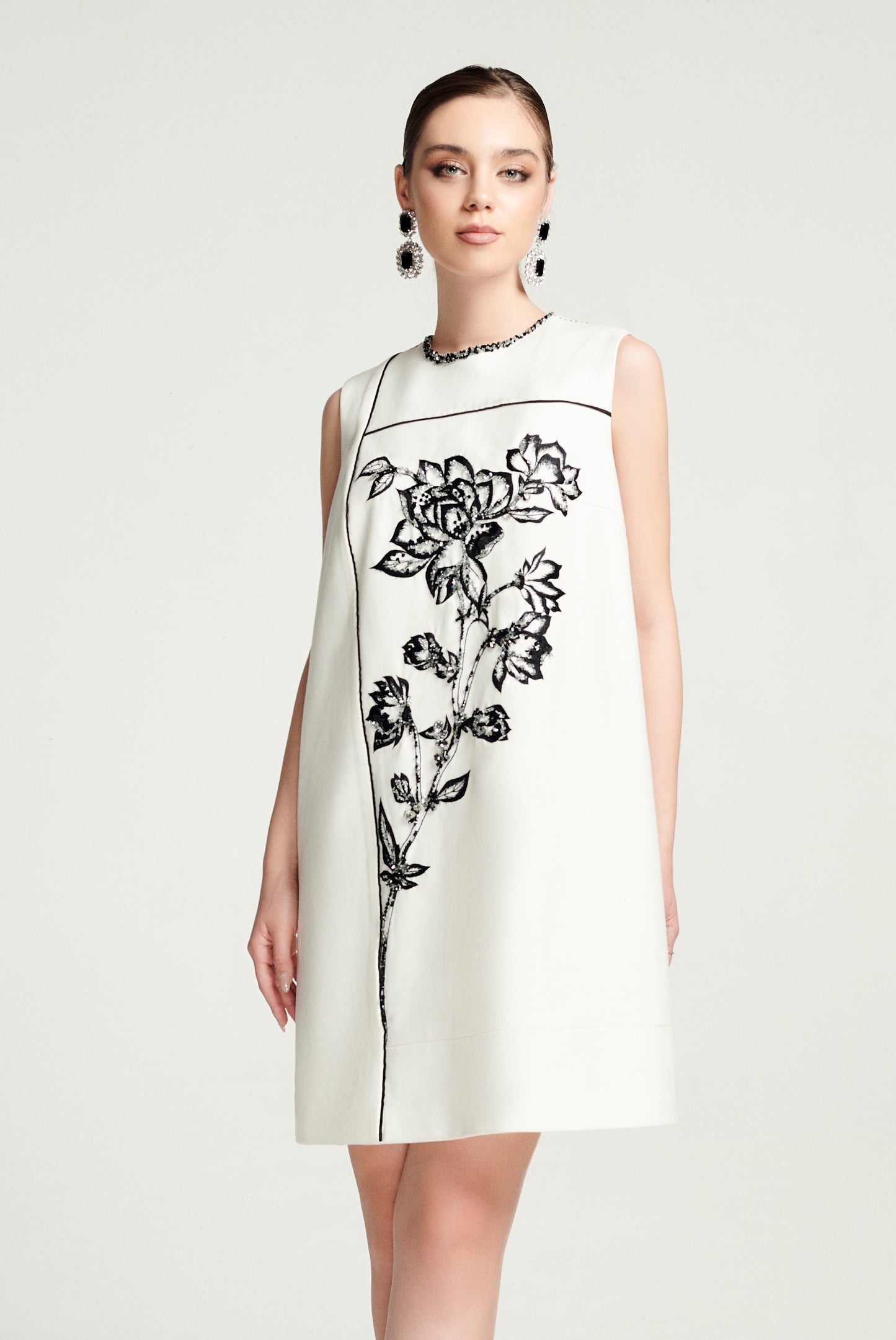 White A-Line Sleeveless Mini Dress with Floral Embroidery