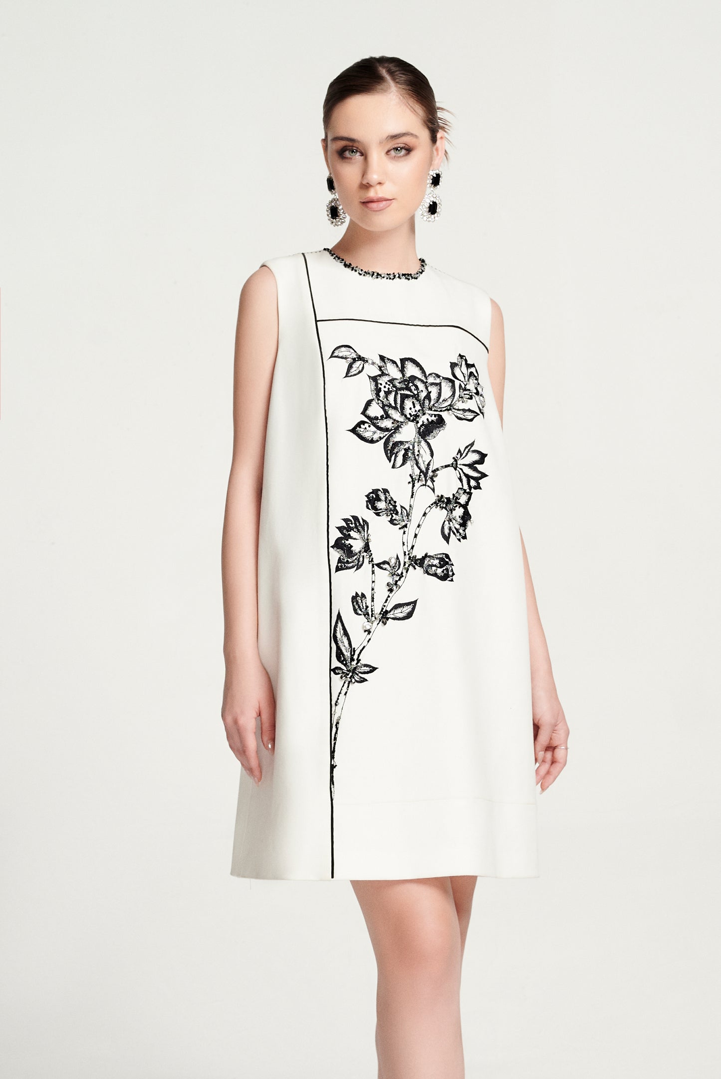 White A-Line Sleeveless Mini Dress with Floral Embroidery