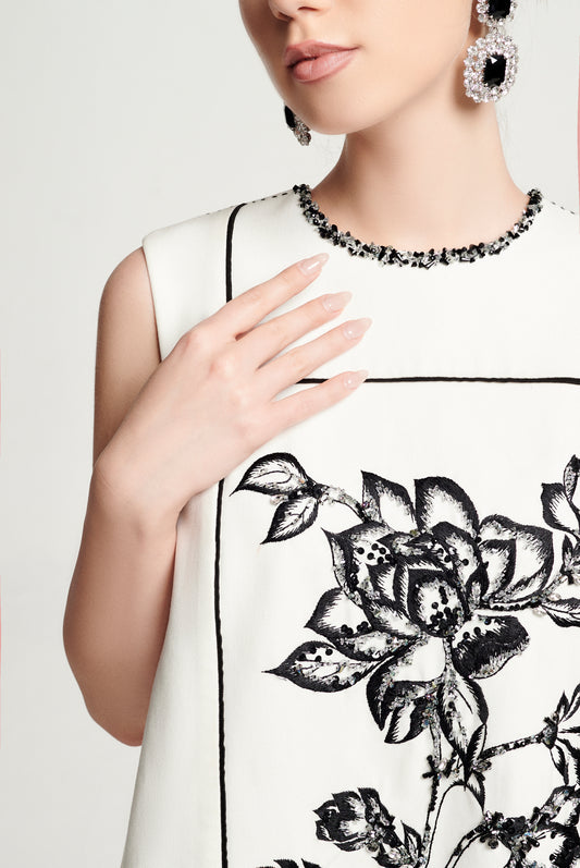 White A-Line Sleeveless Mini Dress with Floral Embroidery