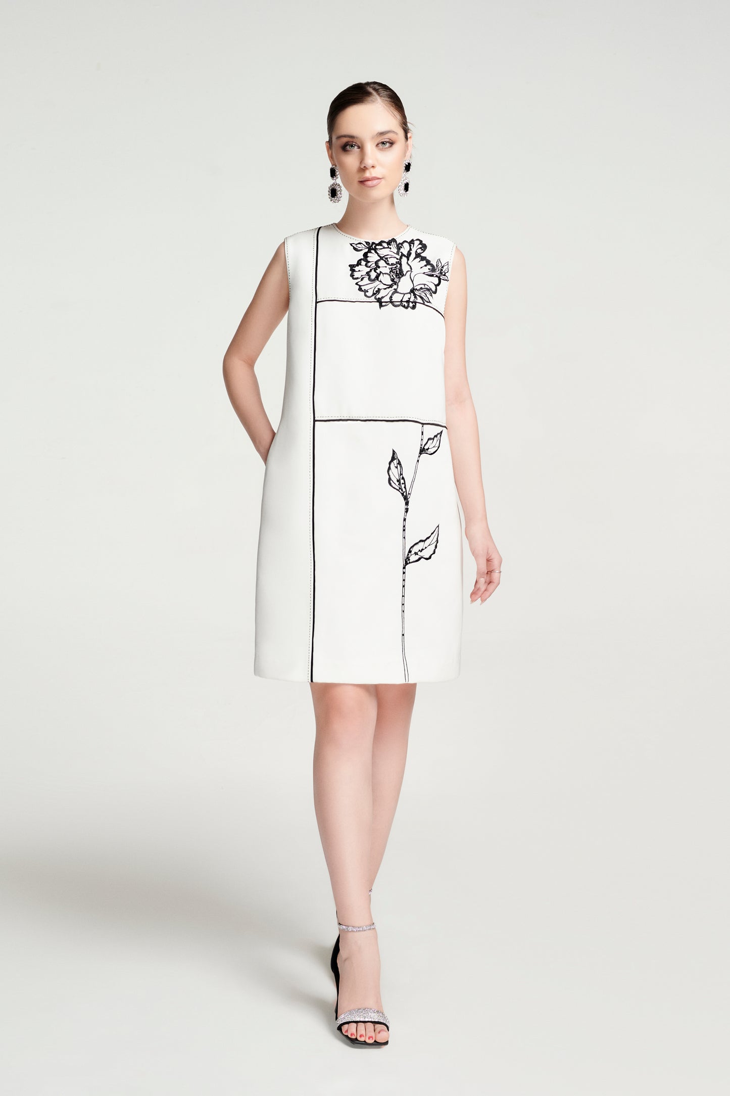 White Shift Dress with Geometric Floral Embroidery