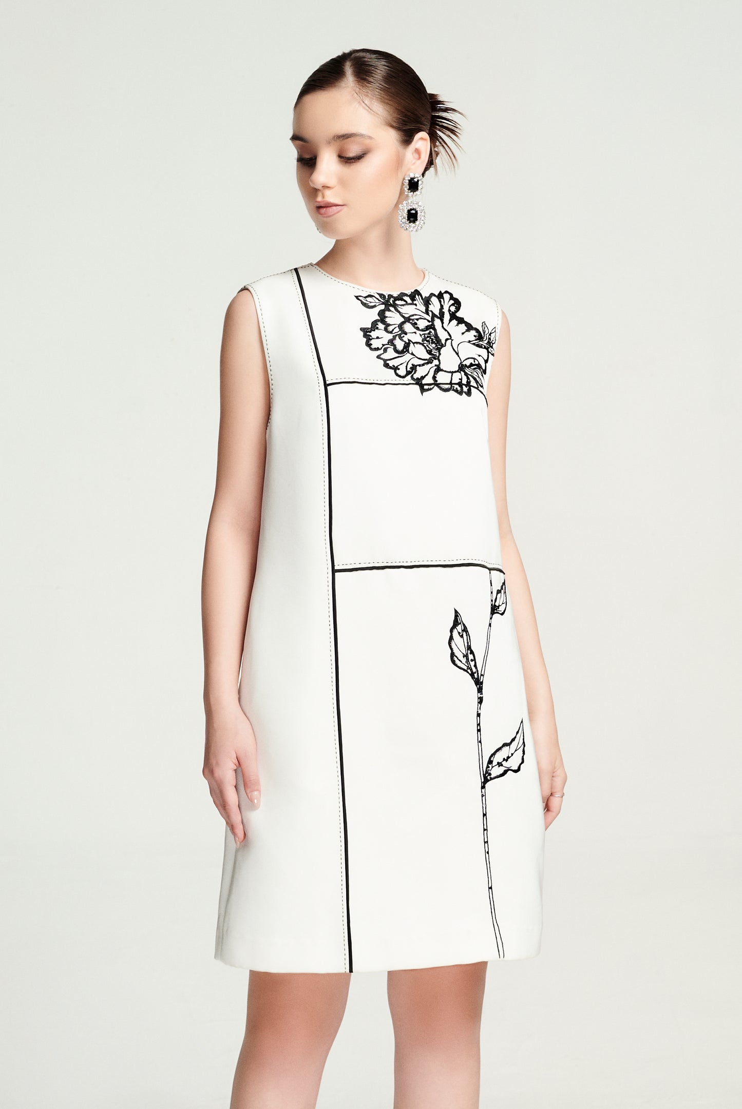 White Shift Dress with Geometric Floral Embroidery