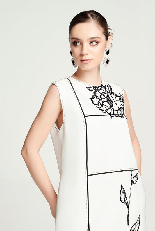 White Shift Dress with Geometric Floral Embroidery