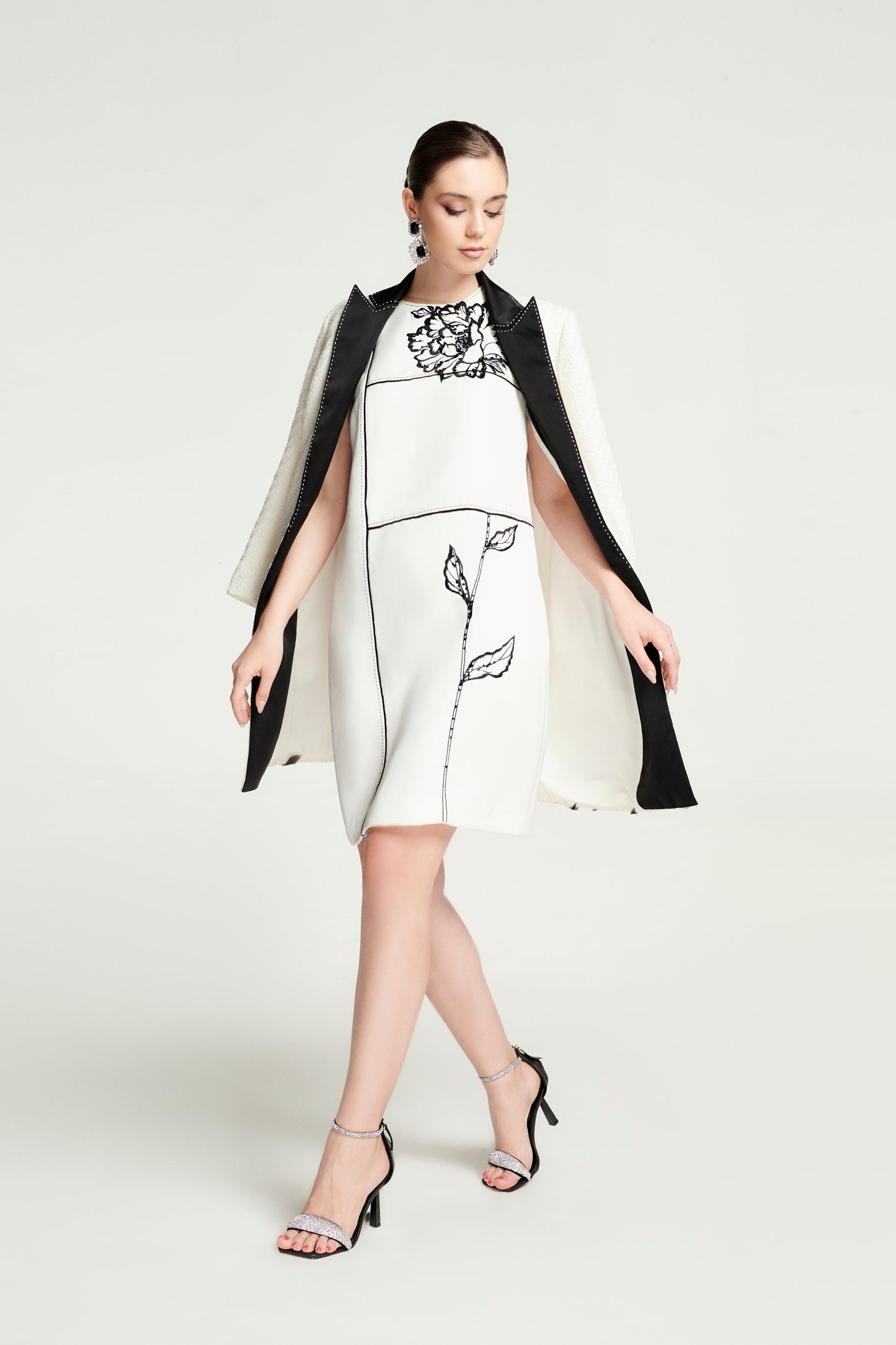 Floral Embroidered Shift Dress with Contrast Cape