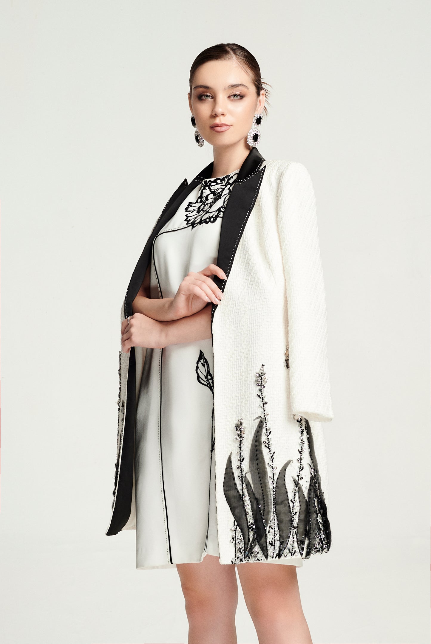 Floral Embroidered Shift Dress with Contrast Cape