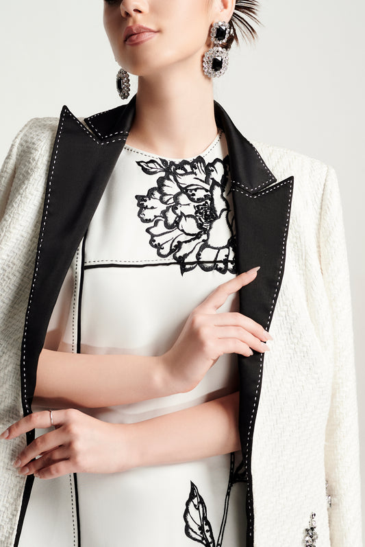 Floral Embroidered Shift Dress with Contrast Cape