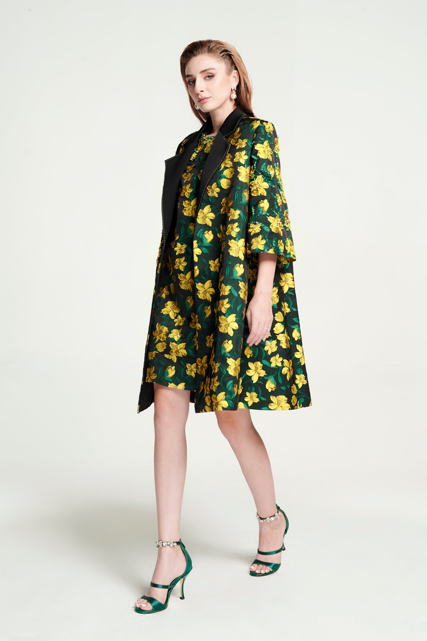 Floral Embroidered Satin A-Line Coat - Green & Yellow