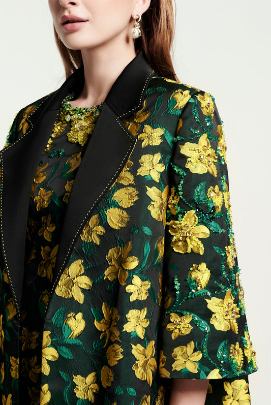 Floral Embroidered Satin A-Line Coat - Green & Yellow