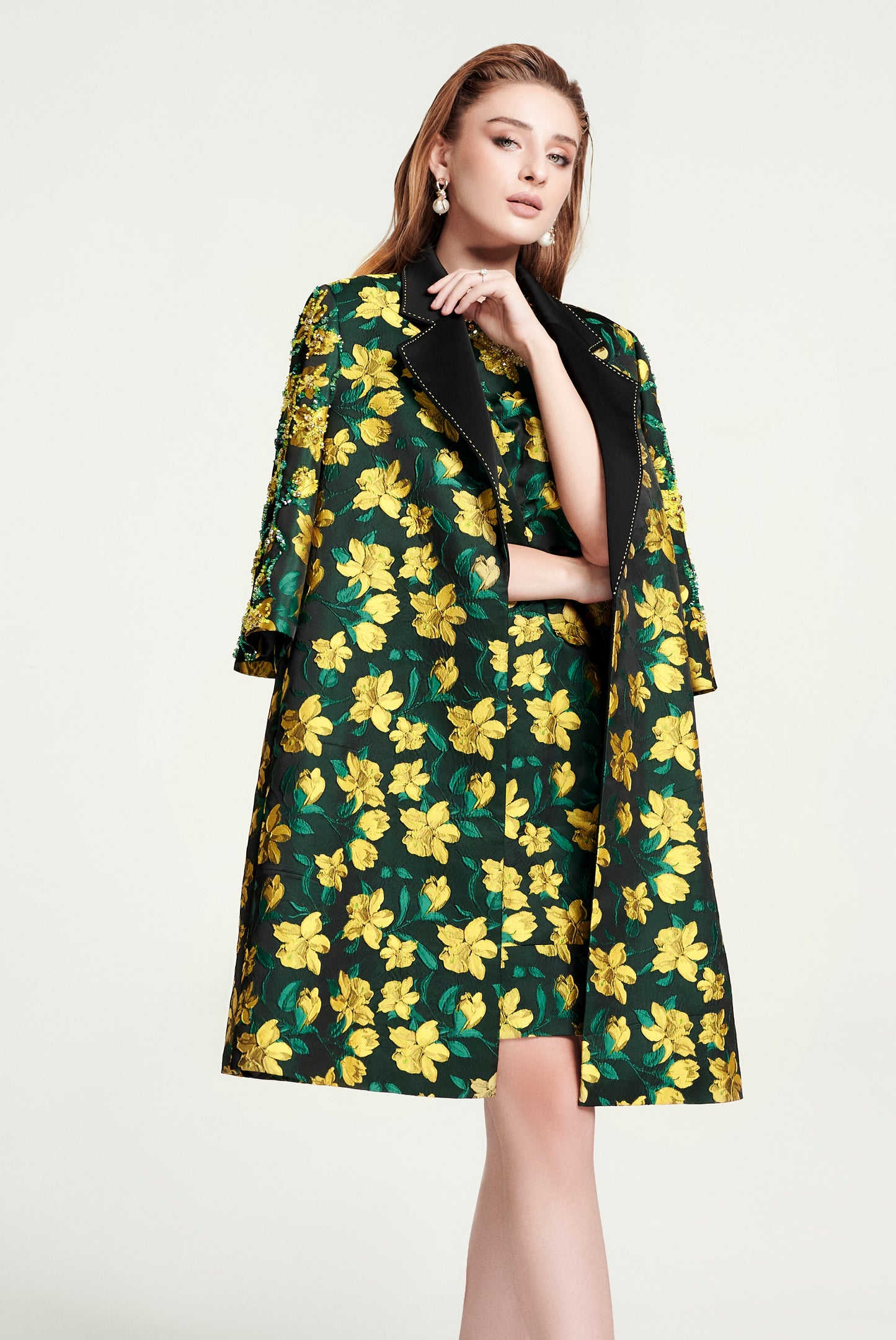 Floral Embroidered Satin A-Line Coat - Green & Yellow