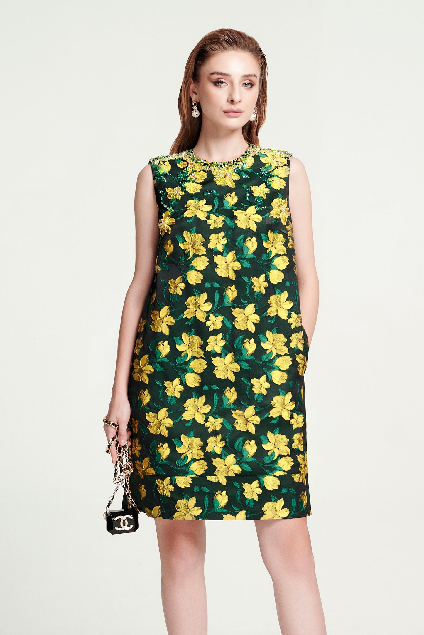 Sleeveless Yellow Floral Embroidered Shift Dress - Dark Green
