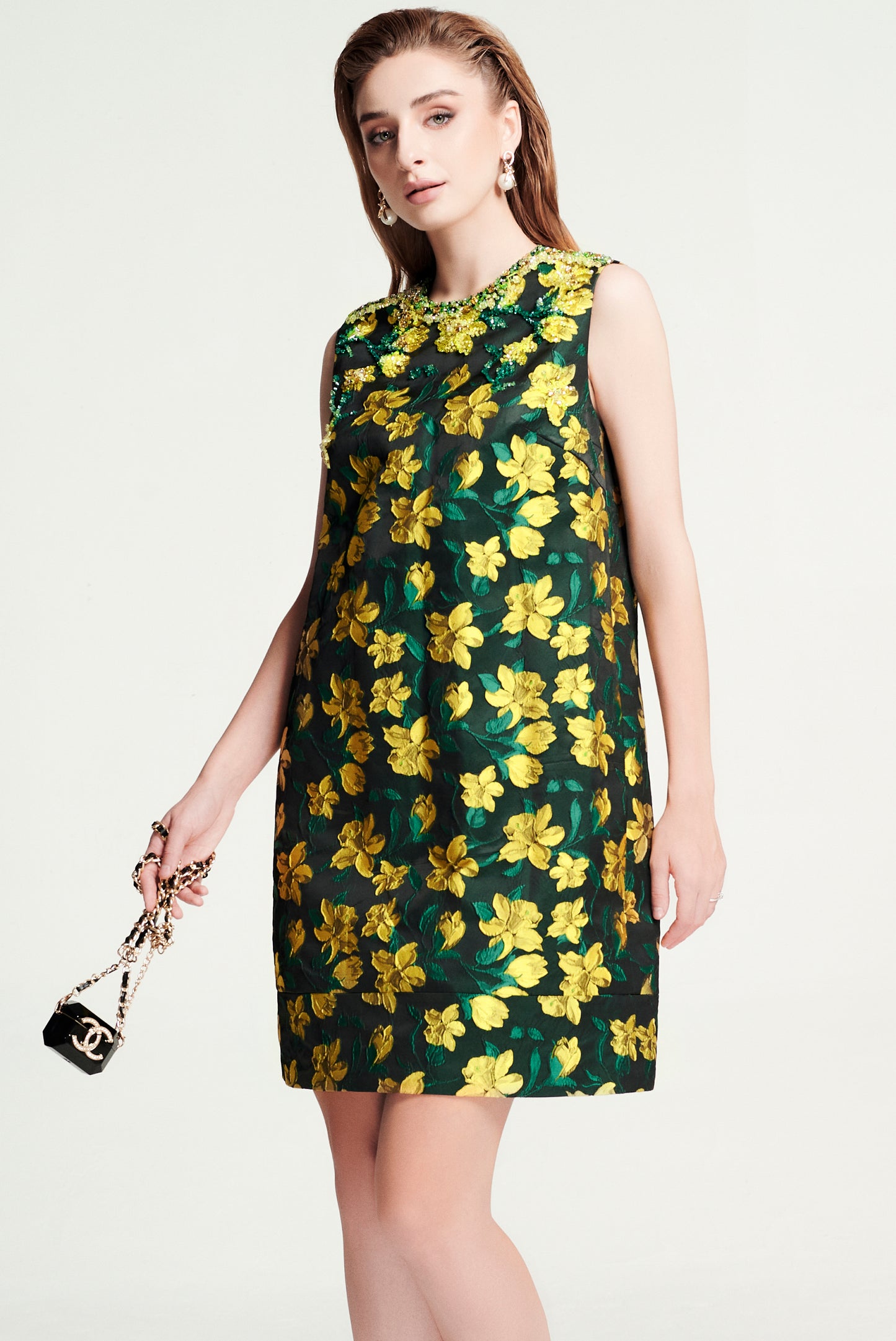 Sleeveless Yellow Floral Embroidered Shift Dress - Dark Green