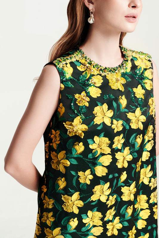 Sleeveless Yellow Floral Embroidered Shift Dress - Dark Green