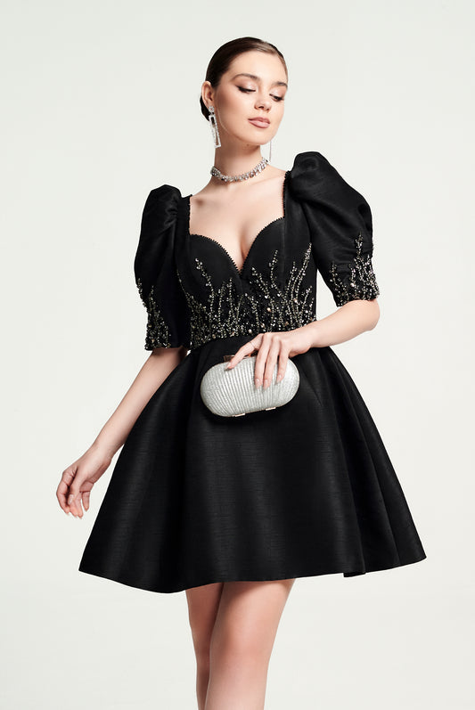 Black Puff Sleeve Cocktail Dress with Crystal Embroidery